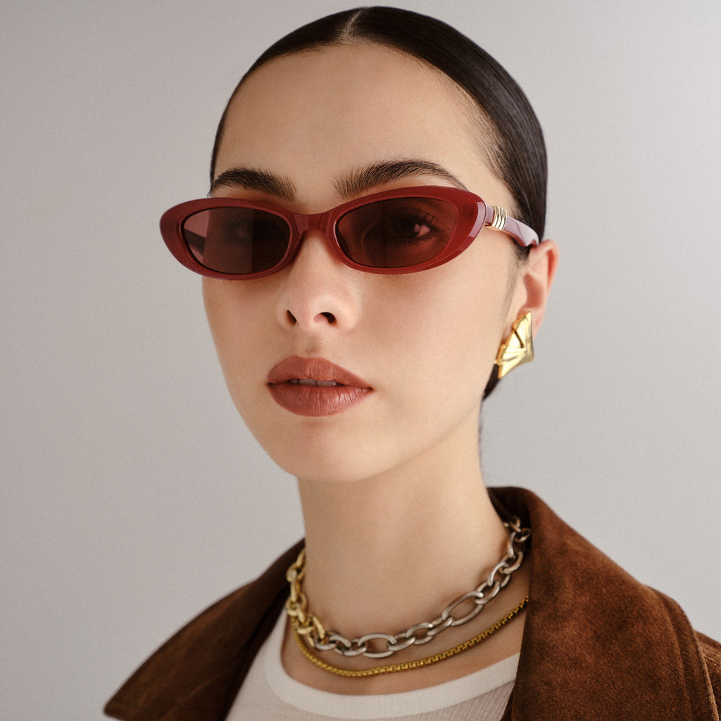 Le Specs Red Oval Sunglasses with Gray Case Lyra Bright Red Uni-Sex Oval Sunglasses | Le Specs main image 4
